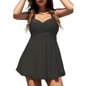COCOPEAR Women's Elegant Crossover One Piece Swimdress Floral Skirted Swimsuit (X-Large, #1 Matte Black)