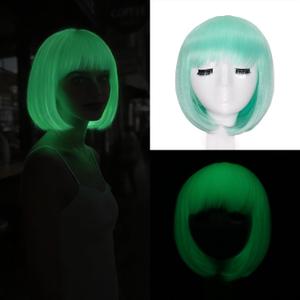 Light Green Short Bob Wig with Bangs for Women Glowing in the Dark Synthetic Hair 10 Inch