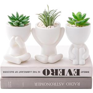 HEYO-YEPY 3PCS Cute Artificial Plant Office Decor for Women and Men, Aesthetic Desk Plant Decor for Office and Home, Potted Small Fake Plants for Indoor Decoration, White Pots Green Plants