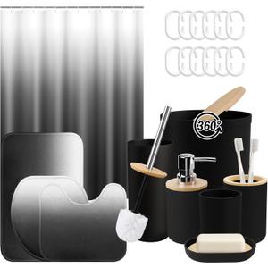 Ombre Grey Black Bathroom Decor and Accessories Set, Shower Curtain and Rug Set with Trash Can, Soap Dispenser, Soap Dish, Toothbrush Holder, Toothbrush Cup, Toilet Brush