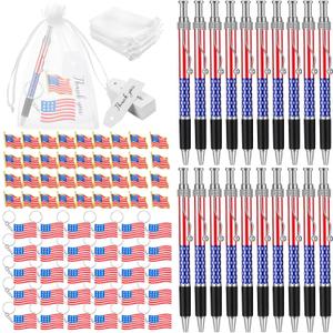 Qilery 250 Pcs Veterans Day Style American Flag Lapel Pins Ballpoint Pen Independence Day Flag Keychains Thank You Card Organza Gift Bag for Home School Office 4th of July Party Supplies