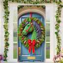 2 x BlissYard Christmas Door Cover 35x71 Inch Festive Horse Head Wreath Pine Cones Berries Holiday Banner Polyester Fabric Door Banner for Unique Home Entryway Equestrian Theme Decor Backdrop