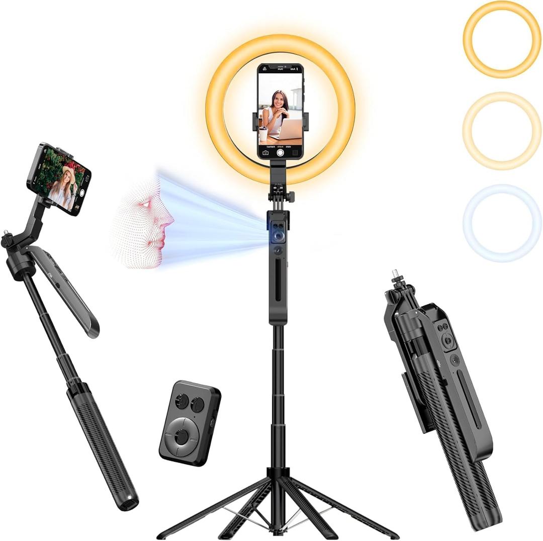 Auto Face Tracking Self Stick Tripod for iPhone with 10" Ring Light Hands-Free 360Adjustable 70.9 Inch Smart Phone Stand with Remote for Content Creator Vlog Video Recording