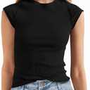 Tankaneo Womens Cap Sleeve Tops Crew Neck Ribbed Knit T Shirt Summer Casual Slim Fit Basic Tees Tshirt (Black)