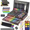 Sunnyglade 145 Piece Deluxe Art Set, Wooden Box & Drawing Kit with Crayons, Oil Pastels, Colored Pencils, Watercolor Cakes, Sketch Pencils, Paint Brush, Sharpener, Eraser, Color Chart (Cherry)