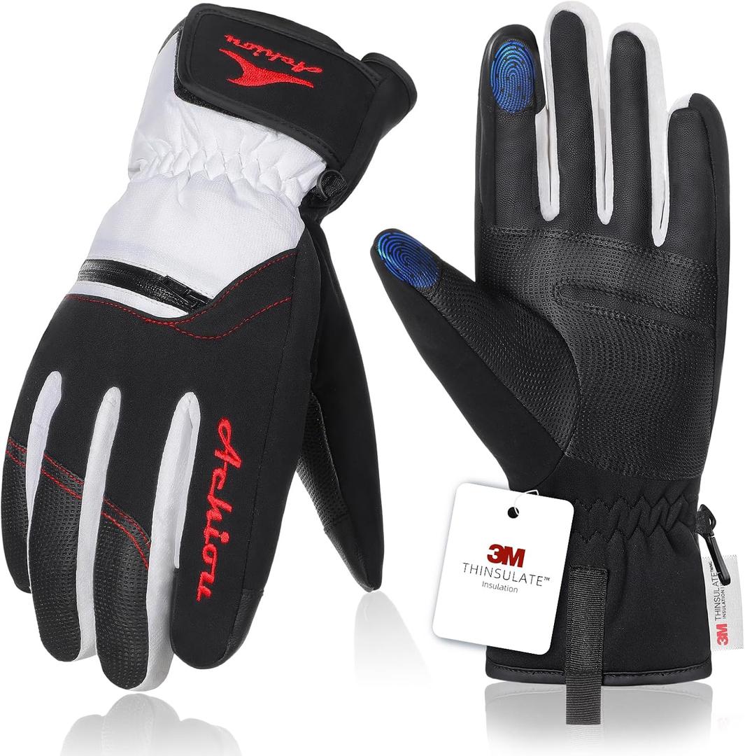 Achiou Ski Snow Gloves Winter Warm 3M Thinsulate Waterproof Touchscreen Men Women (White, XL)