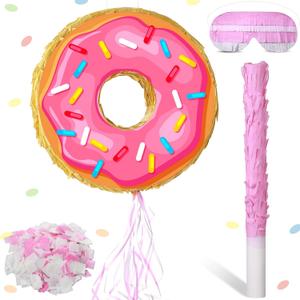 Donut Piata with Strings 12 Inch Small Doughnut Piata with Pink White Stick Blindfold Confetti for Boy Girl Donut Grow up Birthday Party Anniversary Celebration Cinco De Mayo Fiesta Decor Supplies