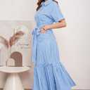 utcoco Women's 2026 Summer Casual Striped Button Down Maxi Dress Tie Waist Short Sleeve Shirt Dress with Pockets (Blue)