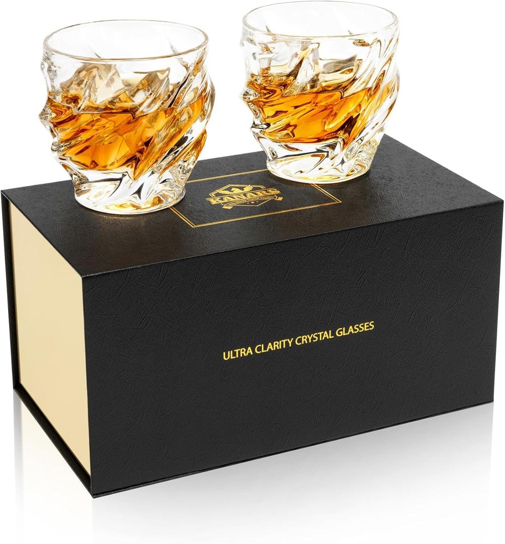 KANARS Old Fashioned Whiskey Glasses - Set of 2 Bourbon Glass 10 oz with Luxury Box - Ultra Clear Crystal Rocks Barware for Scotch, Irish Whisky, Rum and Cocktail, Gift for Men