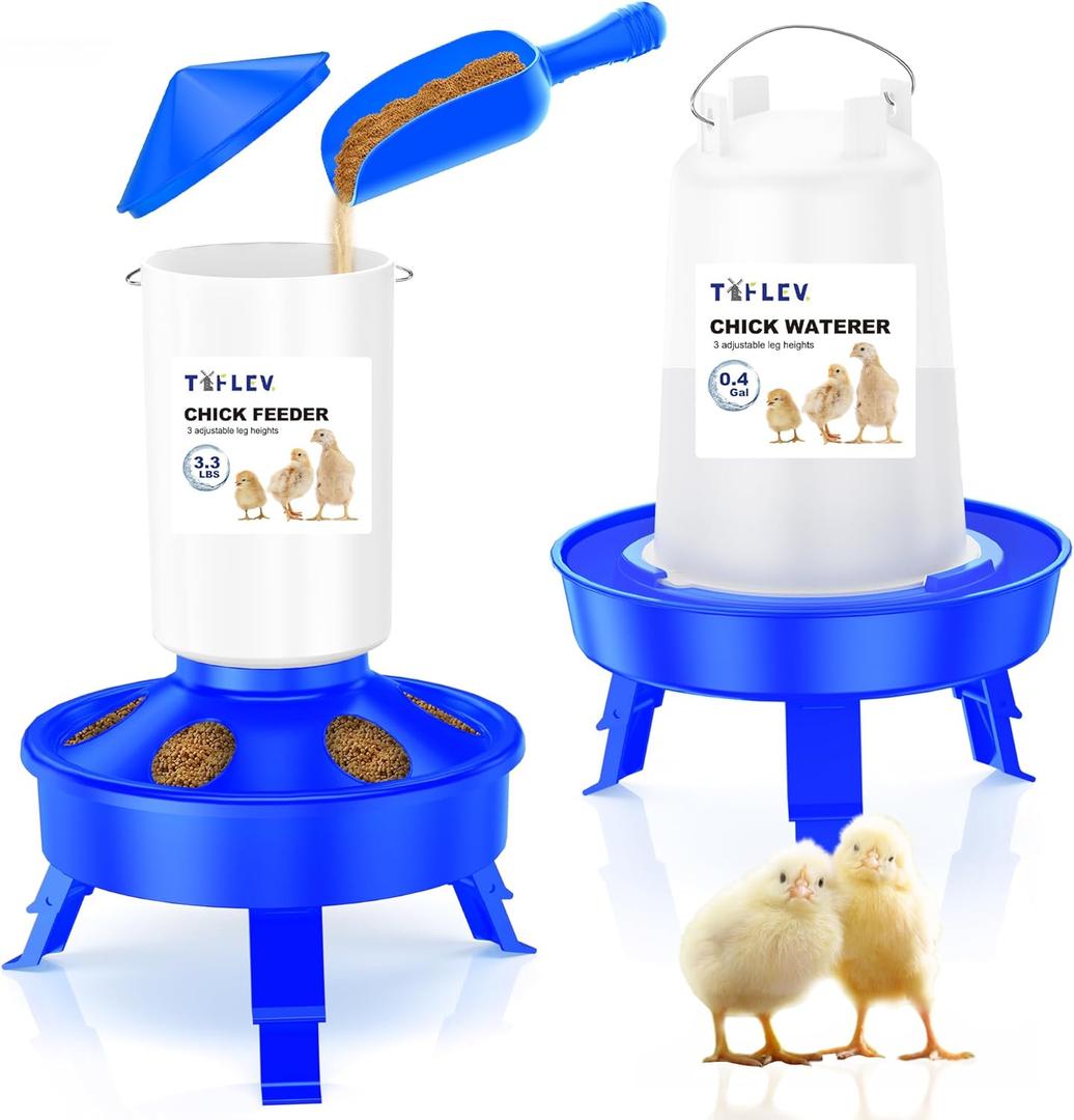 Top Filling Chick Feeder and Waterer Kit with Scoop, 3.3LBS Chick Feeder and 0.4Gal Chick Waterer with 3 Heights Adjustable Legs for Chicks (Blue)