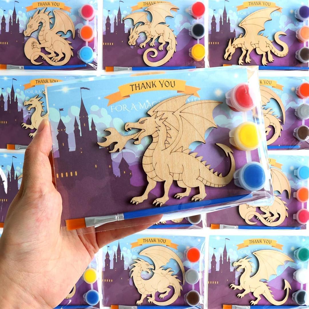Dragon Party Favors for Kids - 12PCS Paint Your Own Wooden Magnet Kits with Thank You Cards, Individually Wrapped Dragon Birthday Decorations & Party Supplies for Boys & Girls