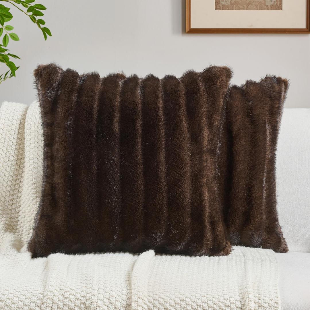 FUTEI Dark Coffee Decorative Throw Pillow Covers 26x26 Inch Set of 2,Soft Fluffy Faux Mink Fur Dyeing Striped Textured Euro Pillow Shams,Modern Home Decor for Couch Bed Living Room, Brown