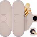 Silicone Makeup Brush Holder with Cleaning Pad - Travel Brush Organizer Case, Magnetic Closure Waterproof Cosmetic Bag for Easy Storage & On-the-Go Cleaning (9.05 Inch) (Khaki)