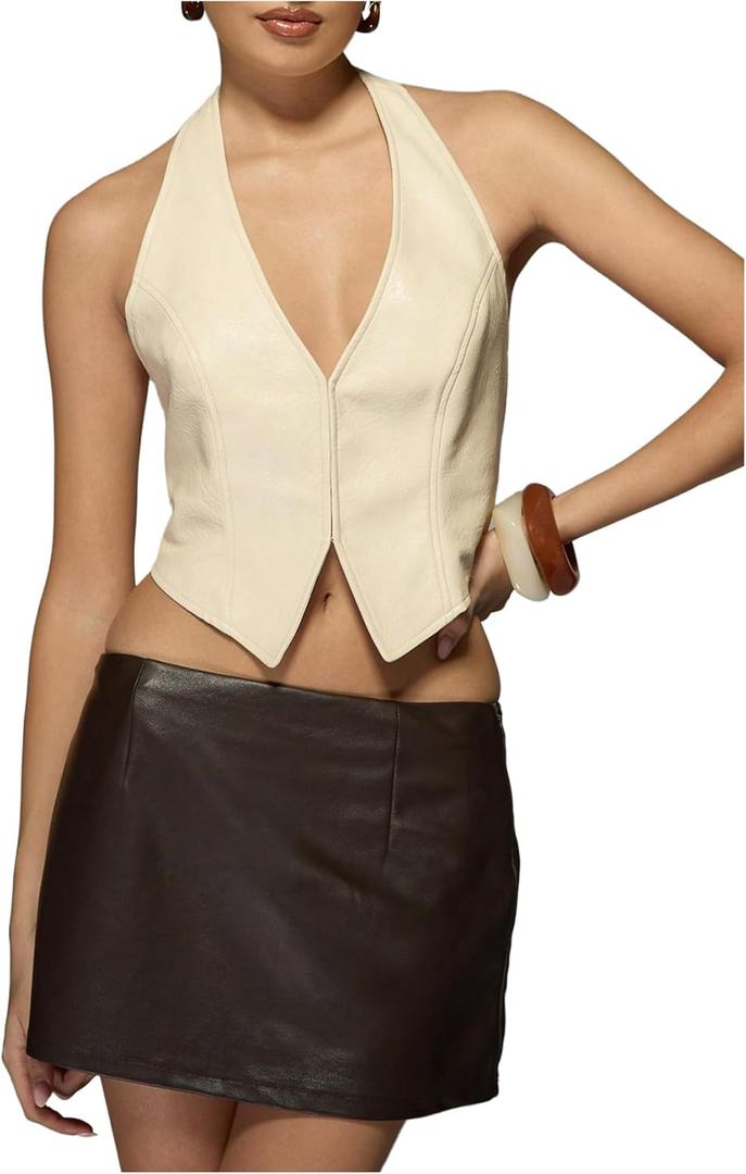 SOLY HUX Women's PU Leather Halter Tank Tops Sexy Deep V Neck Asymmetrical Vest Corset Party Clubwear Pure Apricot Medium