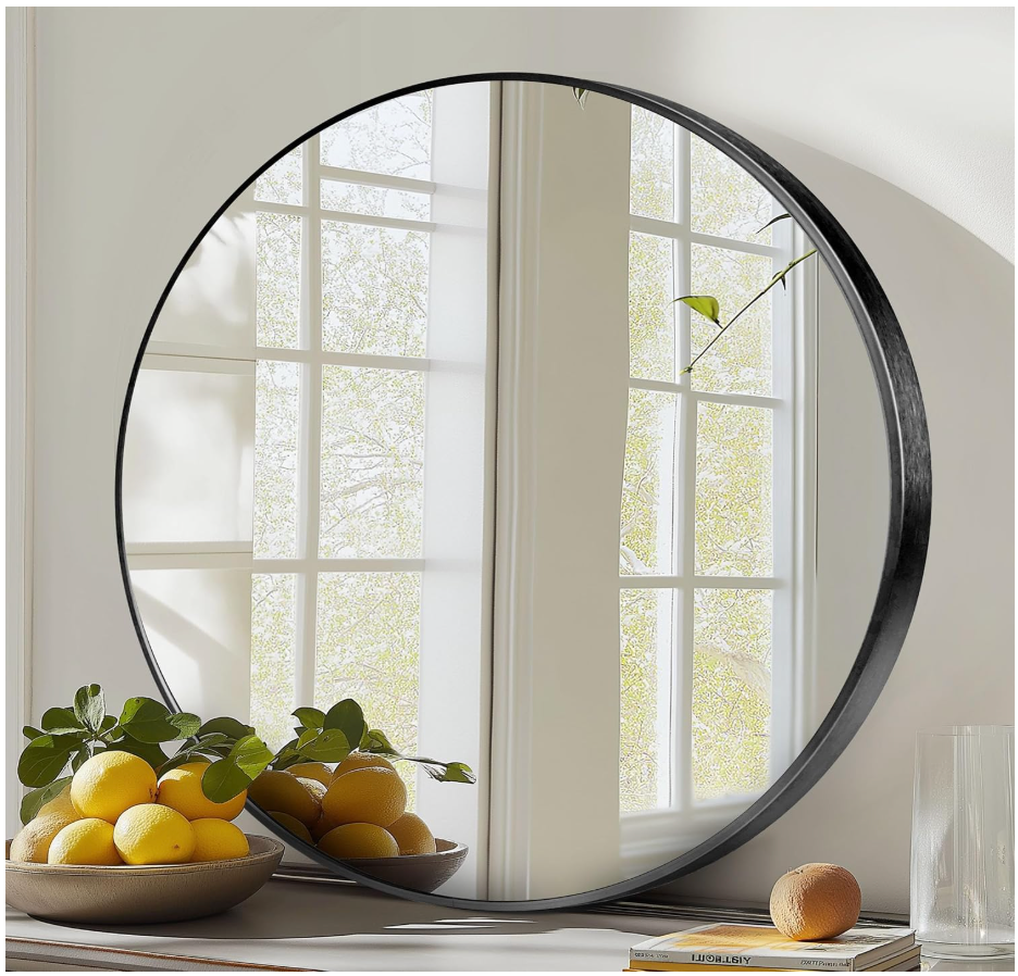24 inch Round Mirror Black Frame Vanity Mirrors Bathroom Wall Mounted for Over Sink Circle, Shatterproof Glass, Aluminum Alloy, for Bedroom, Living Room, Entryway Decor