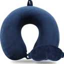 Pure Memory Foam Travel Pillow Set for Adults - Comfortable & Removable Machine Washable Cover, Neck Support Pillow Airplane Travel Kit with Eye Mask for Portable Plane Accessories -Dark Blue