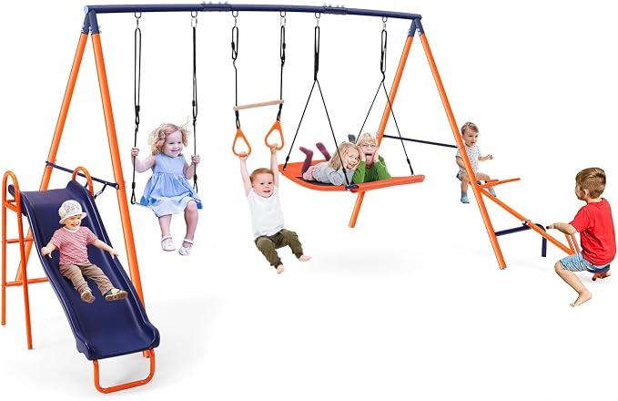 Swing Sets with Slide for Backyard 700lb 5in1 Playground Set Teeter Totter
Large Metal Frame with 2 Adjustable Swings, Ring Trapeze Bar, Slide Teeter Totter Outdoor Playset Swingset for Kids