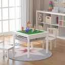 UTEX Wooden 2 in 1 Kids Construction Play Table and 2 Chairs Set with Storage Drawers, and Built in Plate Compatible with Lego and Duplo Bricks (White with Grey Drawers)