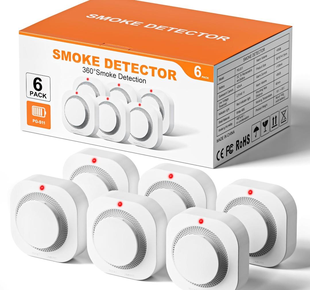 Smoke Alarm Fire Detector,Battery Operated Photoelectric Smoke Detector with Test Button and Low Battery Warning, Fire Alarms Smoke Detectors for Home, 6 Pack