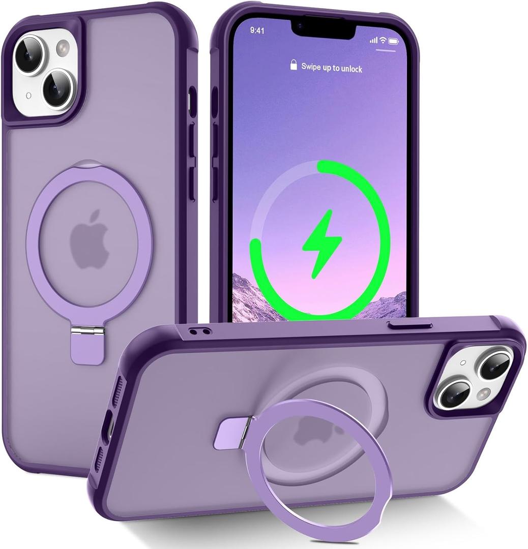 Magnetic Compatible with iPhone 14 Case with Stand [Military Grade Drop Tested][Compatible with Magnet] Ring Translucent Slim Hard Back Soft Edge, Purple