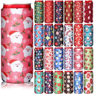 24 Pcs Christmas Can Coolers Sleeves 12 oz Xmas Can Cooler Sleeves Neoprene Slim Beer Can Cooler Christmas Tree Bottle Insulator for Party Favors Gifts Supplies