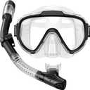 Snorkel Set Adults Snorkeling Gear Anti-Fog Panoramic View Swim Mask Dry Top Snorkel Kit with Carry Bag for Snorkeling Scuba Diving Swimming Travel (Transparent+Black)