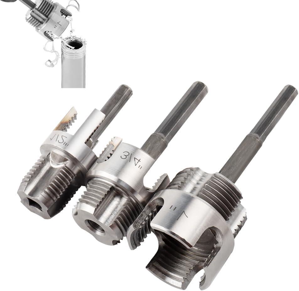 3Pcs Integrated Internal & External Pipe Threading Tool, Bestgle Dual-Function Pipe Thread Cutting Tool for 1/2" & 3/4"& 1" PVC/Plastic Pipes, Electric Drill Compatible Pipe Threader Kit