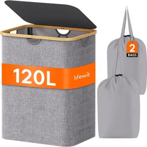 Lifewit 120L Laundry Basket with Lid, Clothes Hampers with Bamboo Handles and A Removable Bag, Large Foldable Laundry Hamper for Bedroom, Bathroom, Dorm, Light Gray