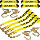 VULCAN 8-Point Roll Back Vehicle Tie Down Kit with Chain Tails on Both Ends - Set of 4 - Classic Yellow