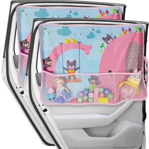 Car Sun Shade for Window Baby, 2 Pack Full Shade Window Shades with Storage Net Pocket, 7 Suction Cups, Cute Elephant for Sun/Heat/UV Rays Protection, Kids