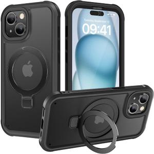 Diaclara Designed for iPhone 15 Plus Case 6.7'', Shockproof Full Body Rugged Case with Built-in Screen Protector + Ring Stand, Black