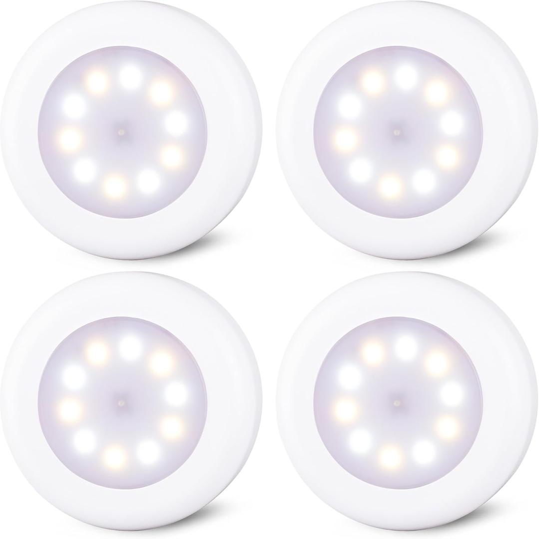STAR-SPANGLED 4 Pack 3.1 Dimmable Push Tap Lights, Stick on LED Touch Puck Lights AA Battery Operated, 3 Color Modes Sticky Button Lamps for Classroom, Kitchen, Under Cabinet, Closet