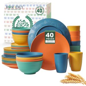 Homienly 40-Piece Premium Wheat Straw Dinnerware Sets, Service for 8, Unbreakable Plates and Bowls Set - Cups Sets, Dinner Plates, Bowls for Kitchen, Dishwasher and Microwave Safe Dishes Set - Multi