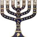 Jerusalem Blue Enamel 7 Branch Menorah 10.8" high, with 12 Tribes of Israel, Candlestick Candle Holders (10.8 inch)