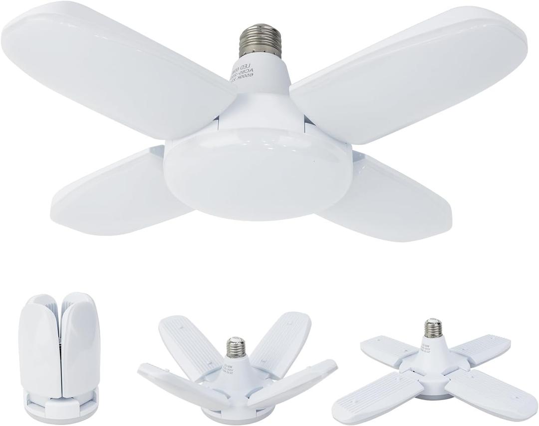 Deformable LED Ceiling Lights - 60W E26, 6000LM, 6500K Daylight White, 4 Adjustable Panels, Ideal for Garage, Warehouse, Basement (1 Pack)
