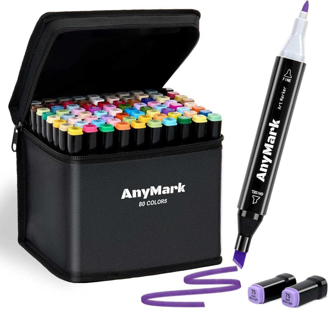 AnyMark Alcohol Markers, 80 Colors Dual Tip Art Coloring Markers Set for Adult Book Drawing Sketching Painting, Chisel & Fine, Black Penholder