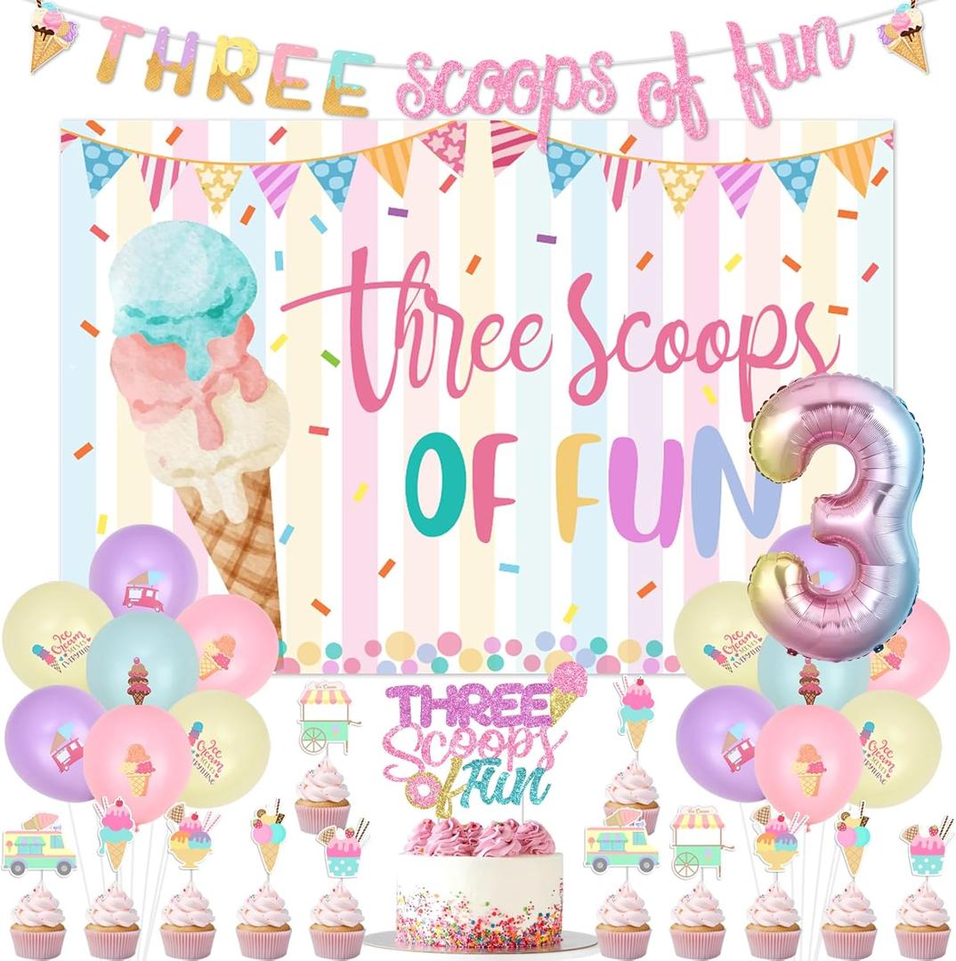 Jollyboom Three Scoops of Fun Birthday Decorations for Girls, Ice Cream 3rd Birthday Decoration Backdrop Banner Cake Cupcake Topper for Girl Summer Ice Cream Theme Three is So Sweet Party