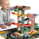Montessori Car Ramp Toy for Toddlers 1 2 3 Year Old Wooden Dinosaur Race Track with 6 Cars & Parking Garage Kids Play Cars & Race Cars Birthday for 1-3 Boys Girls Baby Motor Skills Toy