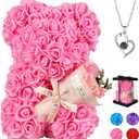 Mothers Day Rose Gifts for Mom, Rose Bear Gifts for Mom from Daughter,Birthday Gift for Her Rose Teddy Bear with I Love You Necklace in 100 Languages(Pink) (Pink-1)