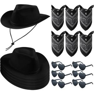 Newcotte 18 Pcs Western Cowboy Hat Set Include 6 Felt Cowgirl Hats 6 Paisley Bandanas 6 Pairs Heart Glasses for Party Costume (Black)