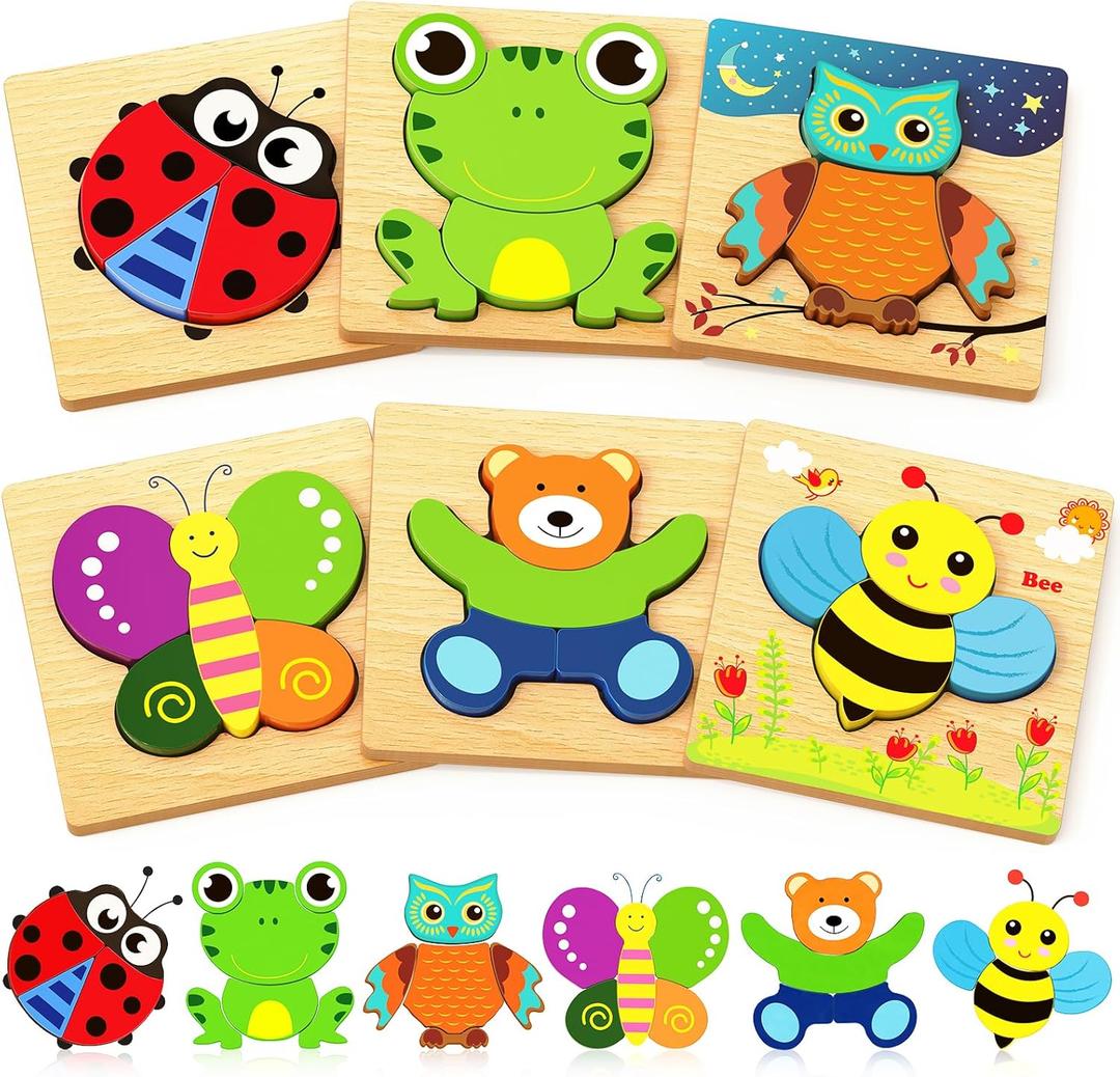 Bekayshad Wooden Puzzles Toddler Toys Gifts for 1 2 3 Year Old Boys Girls, Animal Jigsaw Puzzles Montessori Toys, Learning Educational Christmas Birthday Gifts for Girls Boys Ages 1-3 (6pcs)