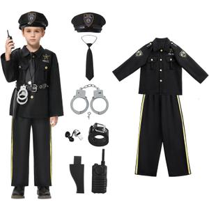 Lumiparty Police Costume for Kids, Police Officer for Boys with Costume-Shirt, Pants, Hat,Belt, Role Play Kit for Boys Girl (Small, Black)