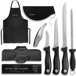 Iberico Ham Set with Ham Carving Knife, Boning Knife, Paring Knife, Knife Steel, Apron, Cover and Jamon Serrano Tongs - Slicing Knife for Meat Cutting - Chef Knife Set With Bag - Serrano Ham Knife, 36.5 cm