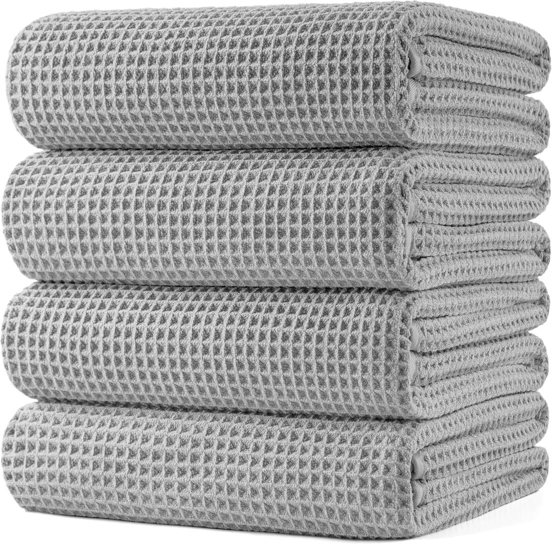 POLYTE 430 GSM Microfiber Oversize Quick Dry Lint Free Bath Towel, 60 x 30 in, 4 Pack (Waffle Weave) (Light Gray)