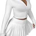 SOLY HUX Women's Skirt Sets 2 Piece Outfits Long Sleeve Crop Top with Pleated Mini Skirt Set Activewear Party Outfits for Women Plain White X-Large