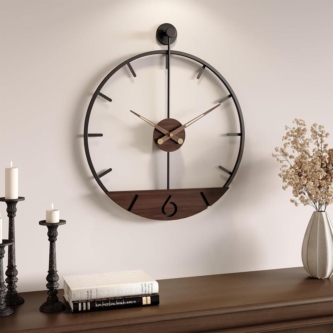 Cuspin 16 Inch Wall Clock with Walnut Wood Dial, Modern Decorative Clock Silent Non-Ticking Battery Operated Metal Frame for Living Room, Kitchen, Office, or Bedroom Wall Decor, Black and Brown