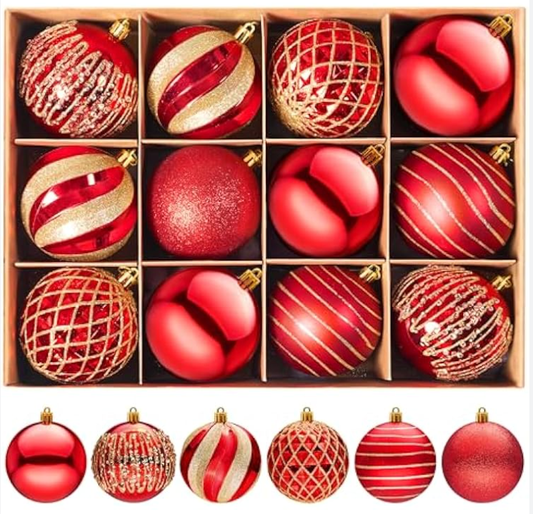 JOYIN 12 Pcs  Red Christmas Balls Ornaments Set, 3.15'' Glittering Tree Hanging Christmas Decorations, Xmas Large Shatterproof Indoor Decor for Tree Wreath Holidays Wedding Party