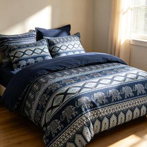 CCoutueChen Navy Blue Comforter Set Twin Size, Boho Aztec Bedding Set with Dark Blue Back, Soft Reversible Summer Comforter for Teens Girls Bedroom Decor/68 x86