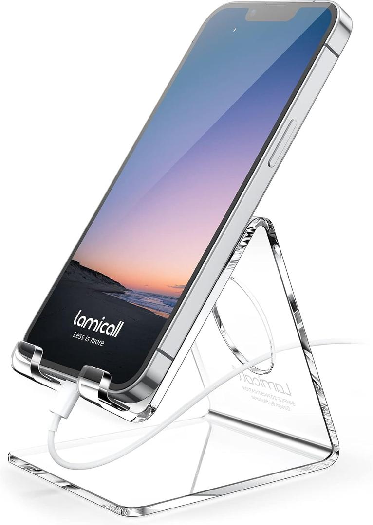 Lamicall Cell Phone Stand, Desk Accessories - Clear Office Cell Phone Holder, Acrylic Phone Stand, Desktop, Acrylic Office Desk Decor Accessories, Suitable for iPhone, 4-8'' Phone, Gifts