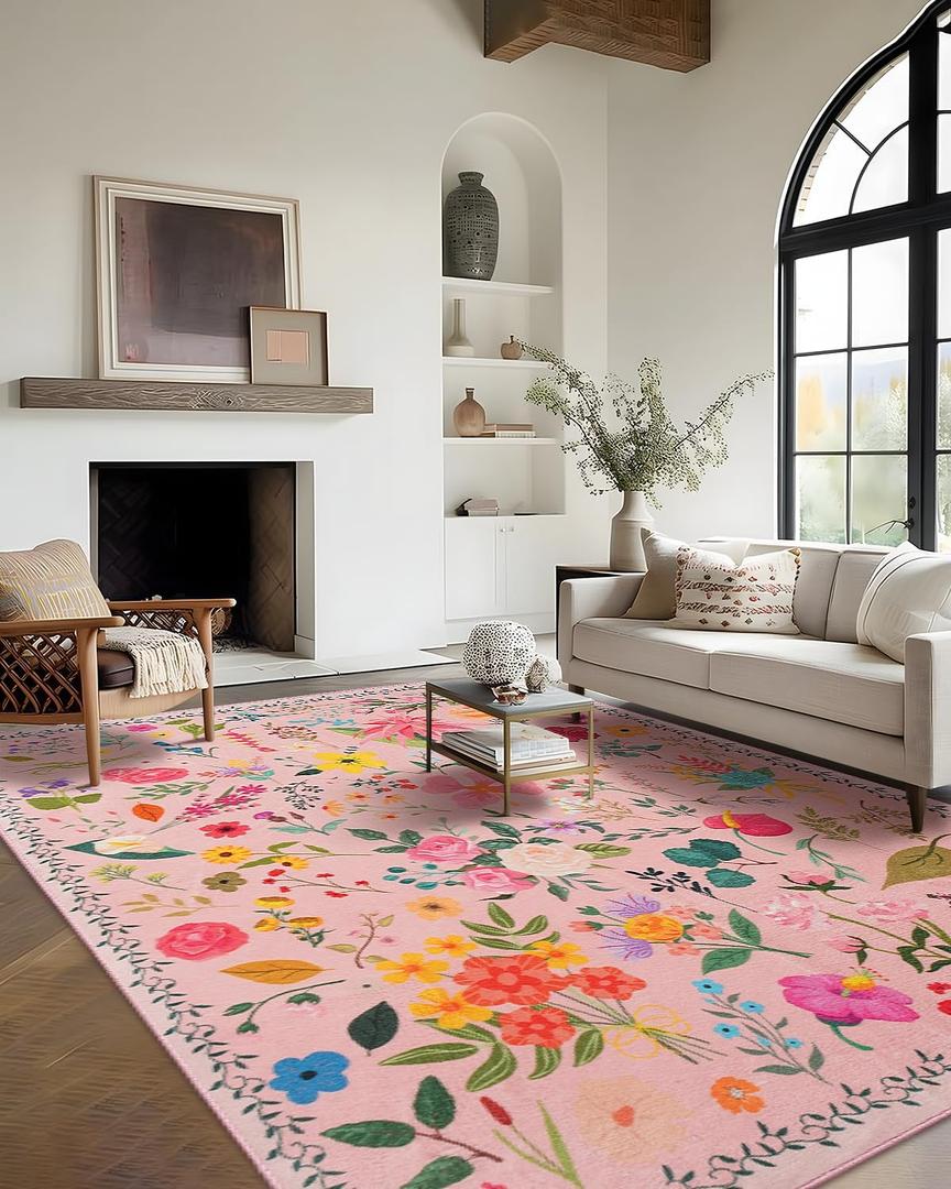 Area Rug 9x12, Washable Large Rugs for Living Room, Non Slip 0.27" Low Pile Vintage Floral Large Carpet for Bedroom, Dining Room, Kids Playroom (Pink)